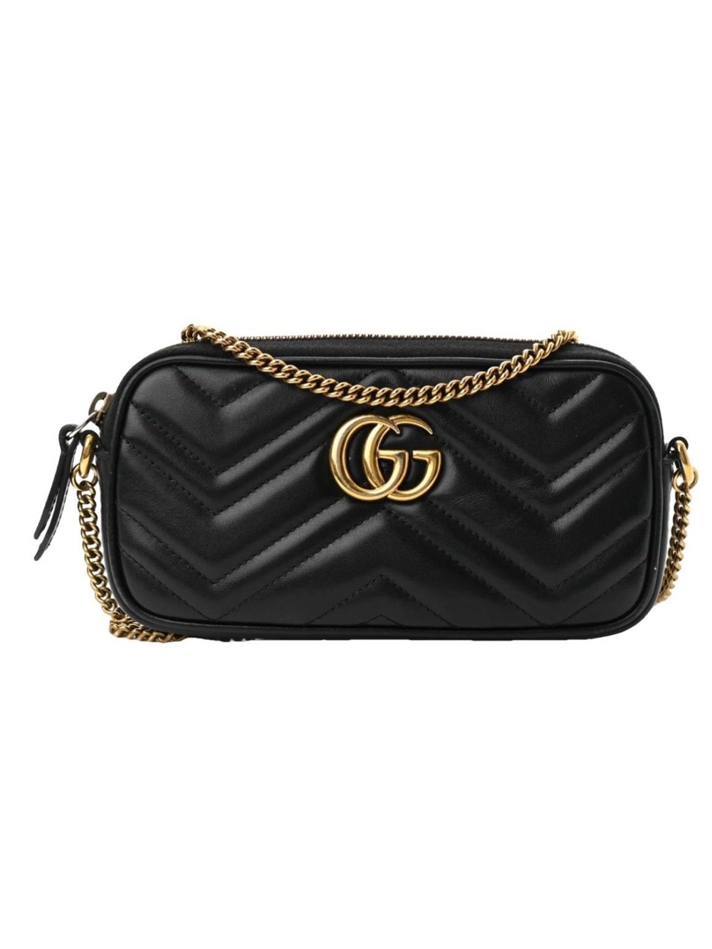 Gucci Black GG Marmont Chevron Crossbody Bag with Gold Hardware